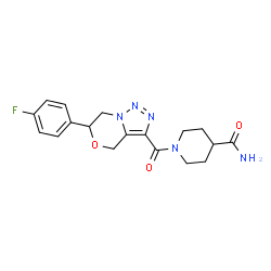 ChemSpider 2D Image | 1-{[6-(4-Fluorophenyl)-6,7-dihydro-4H-[1,2,3]triazolo[5,1-c][1,4]oxazin-3-yl]carbonyl}-4-piperidinecarboxamide | C18H20FN5O3