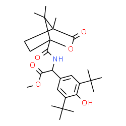 ChemSpider 2D Image | Methyl (3,5-di-tert-butyl-4-hydroxyphenyl)(((4,7,7-trimethyl-3-oxo-2-oxabicyclo[2.2.1]hept-1-yl)carbonyl)amino)acetate | C27H39NO6