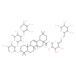 ChemSpider 2D Image | 3,4,5-Trihydroxy-6-{[(3,4,5,6-tetrahydroxytetrahydro-2H-pyran-2-yl)methoxy]methyl}tetrahydro-2H-pyran-2-yl 10-{[3-({3,5-dihydroxy-6-methyl-4-[(3,4,5-trihydroxytetrahydro-2H-pyran-2-yl)oxy]tetrahydro-2
H-pyran-2-yl}oxy)-4,5-dihydroxytetrahydro-2H-pyran-2-yl]oxy}-2,2,6a,6b,9,9,12a-heptamethyl-1,3,4,5,6,6a,6b,7,8,8a,9,10,11,12,12a,12b,13,14b-octadecahydro-4a(2H)-picenecarboxylate | C58H94O25