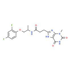 ChemSpider 2D Image | N-[1-(2,4-Difluorophenoxy)-2-propanyl]-3-(3-methyl-2,6-dioxo-2,3,6,7-tetrahydro-1H-purin-8-yl)propanamide | C18H19F2N5O4