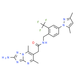 ChemSpider 2D Image | 2-(2-Amino-5,7-dimethyl[1,2,4]triazolo[1,5-a]pyrimidin-6-yl)-N-[4-(3,5-dimethyl-1H-pyrazol-1-yl)-2-(trifluoromethyl)benzyl]acetamide | C22H23F3N8O