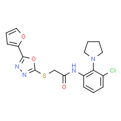 ChemSpider 2D Image | N-[3-Chloro-2-(1-pyrrolidinyl)phenyl]-2-{[5-(2-furyl)-1,3,4-oxadiazol-2-yl]sulfanyl}acetamide | C18H17ClN4O3S