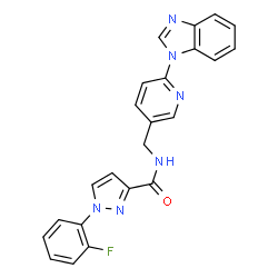 ChemSpider 2D Image | N-{[6-(1H-Benzimidazol-1-yl)-3-pyridinyl]methyl}-1-(2-fluorophenyl)-1H-pyrazole-3-carboxamide | C23H17FN6O