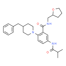 ChemSpider 2D Image | 2-(4-Benzyl-1-piperidinyl)-5-(isobutyrylamino)-N-(tetrahydro-2-furanylmethyl)benzamide | C28H37N3O3