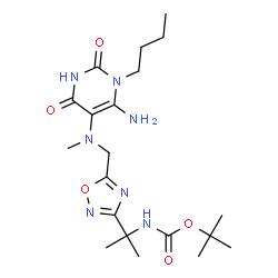 ChemSpider 2D Image | 2-Methyl-2-propanyl [2-(5-{[(6-amino-1-butyl-2,4-dioxo-1,2,3,4-tetrahydro-5-pyrimidinyl)(methyl)amino]methyl}-1,2,4-oxadiazol-3-yl)-2-propanyl]carbamate | C20H33N7O5