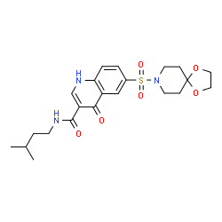 ChemSpider 2D Image | 6-(1,4-Dioxa-8-azaspiro[4.5]dec-8-ylsulfonyl)-N-(3-methylbutyl)-4-oxo-1,4-dihydro-3-quinolinecarboxamide | C22H29N3O6S