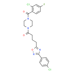 ChemSpider 2D Image | 1-[4-(2-Chloro-4-fluorobenzoyl)-1-piperazinyl]-4-[3-(4-chlorophenyl)-1,2,4-oxadiazol-5-yl]-1-butanone | C23H21Cl2FN4O3