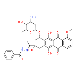 ChemSpider 2D Image | N'-(1-{(2S,4S)-4-[(3-Amino-2,3,6-trideoxyhexopyranosyl)oxy]-2,5,12-trihydroxy-7-methoxy-6,11-dioxo-1,2,3,4,6,11-hexahydro-2-tetracenyl}ethylidene)benzohydrazide | C34H35N3O10