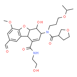 ChemSpider 2D Image | 8-Formyl-4-hydroxy-N-(2-hydroxyethyl)-3-[(3-isopropoxypropyl)(tetrahydro-3-furanylcarbonyl)amino]-6-methoxy-3,4,4a,9b-tetrahydrodibenzo[b,d]furan-1-carboxamide | C28H38N2O9