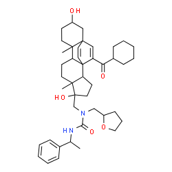 ChemSpider 2D Image | 1-{[17-(Cyclohexylcarbonyl)-5,13-dihydroxy-6,10-dimethylpentacyclo[13.2.2.0~1,9~.0~2,6~.0~10,15~]nonadeca-16,18-dien-5-yl]methyl}-3-(1-phenylethyl)-1-(tetrahydro-2-furanylmethyl)urea | C43H60N2O5