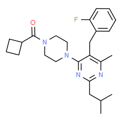 ChemSpider 2D Image | Cyclobutyl{4-[5-(2-fluorobenzyl)-2-isobutyl-6-methyl-4-pyrimidinyl]-1-piperazinyl}methanone | C25H33FN4O
