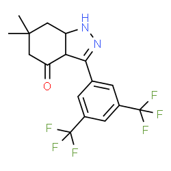 ChemSpider 2D Image | 3-[3,5-Bis(trifluoromethyl)phenyl]-6,6-dimethyl-1,3a,5,6,7,7a-hexahydro-4H-indazol-4-one | C17H16F6N2O
