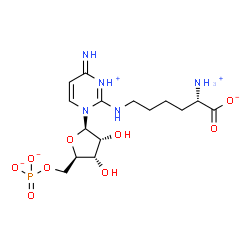 ChemSpider 2D Image | 2-{[(5S)-5-Ammonio-5-carboxylatopentyl]amino}-6-imino-3-(5-O-phosphonato-beta-D-ribofuranosyl)-3,6-dihydropyrimidin-1-ium | C15H25N5O9P
