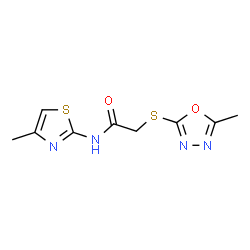 ChemSpider 2D Image | 2-[(5-Methyl-1,3,4-oxadiazol-2-yl)sulfanyl]-N-(4-methyl-1,3-thiazol-2-yl)acetamide | C9H10N4O2S2