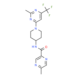 ChemSpider 2D Image | 5-Methyl-N-{1-[2-methyl-6-(trifluoromethyl)-4-pyrimidinyl]-4-piperidinyl}-2-pyrazinecarboxamide | C17H19F3N6O