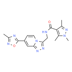 ChemSpider 2D Image | 1,3,5-Trimethyl-N-{[7-(3-methyl-1,2,4-oxadiazol-5-yl)[1,2,4]triazolo[4,3-a]pyridin-3-yl]methyl}-1H-pyrazole-4-carboxamide | C17H18N8O2