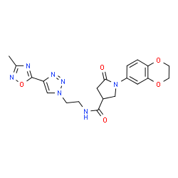 ChemSpider 2D Image | 1-(2,3-Dihydro-1,4-benzodioxin-6-yl)-N-{2-[4-(3-methyl-1,2,4-oxadiazol-5-yl)-1H-1,2,3-triazol-1-yl]ethyl}-5-oxo-3-pyrrolidinecarboxamide | C20H21N7O5