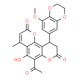 ChemSpider 2D Image | 6-Acetyl-5-hydroxy-10-(8-methoxy-2,3-dihydro-1,4-benzodioxin-6-yl)-4-methyl-9,10-dihydro-2H,8H-pyrano[2,3-f]chromene-2,8-dione | C24H20O9