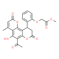 ChemSpider 2D Image | Methyl [2-(6-acetyl-5-hydroxy-4-methyl-2,8-dioxo-9,10-dihydro-2H,8H-pyrano[2,3-f]chromen-10-yl)phenoxy]acetate | C24H20O9