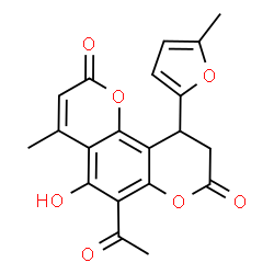 ChemSpider 2D Image | 6-Acetyl-5-hydroxy-4-methyl-10-(5-methyl-2-furyl)-9,10-dihydro-2H,8H-pyrano[2,3-f]chromene-2,8-dione | C20H16O7