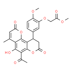 ChemSpider 2D Image | Methyl [5-(6-acetyl-5-hydroxy-4-methyl-2,8-dioxo-9,10-dihydro-2H,8H-pyrano[2,3-f]chromen-10-yl)-2-methoxyphenoxy]acetate | C25H22O10
