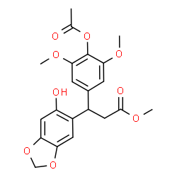 ChemSpider 2D Image | Methyl 3-(4-acetoxy-3,5-dimethoxyphenyl)-3-(6-hydroxy-1,3-benzodioxol-5-yl)propanoate | C21H22O9