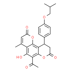 ChemSpider 2D Image | 6-Acetyl-5-hydroxy-10-(4-isobutoxyphenyl)-4-methyl-9,10-dihydro-2H,8H-pyrano[2,3-f]chromene-2,8-dione | C25H24O7