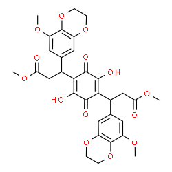 ChemSpider 2D Image | Dimethyl 3,3'-(2,5-dihydroxy-3,6-dioxo-1,4-cyclohexadiene-1,4-diyl)bis[3-(8-methoxy-2,3-dihydro-1,4-benzodioxin-6-yl)propanoate] | C32H32O14
