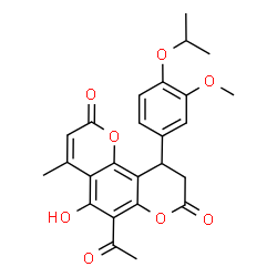 ChemSpider 2D Image | 6-Acetyl-5-hydroxy-10-(4-isopropoxy-3-methoxyphenyl)-4-methyl-9,10-dihydro-2H,8H-pyrano[2,3-f]chromene-2,8-dione | C25H24O8