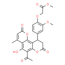 ChemSpider 2D Image | Methyl [4-(6-acetyl-5-hydroxy-4-methyl-2,8-dioxo-9,10-dihydro-2H,8H-pyrano[2,3-f]chromen-10-yl)-2-methoxyphenoxy]acetate | C25H22O10
