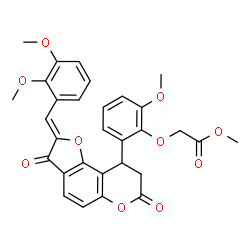 ChemSpider 2D Image | Methyl {2-[(2Z)-2-(2,3-dimethoxybenzylidene)-3,7-dioxo-2,3,8,9-tetrahydro-7H-furo[2,3-f]chromen-9-yl]-6-methoxyphenoxy}acetate | C30H26O10