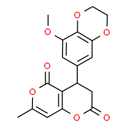 ChemSpider 2D Image | 4-(8-Methoxy-2,3-dihydro-1,4-benzodioxin-6-yl)-7-methyl-3,4-dihydro-2H,5H-pyrano[4,3-b]pyran-2,5-dione | C18H16O7