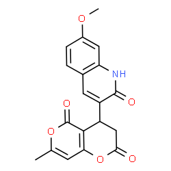 ChemSpider 2D Image | 4-(7-Methoxy-2-oxo-1,2-dihydro-3-quinolinyl)-7-methyl-3,4-dihydro-2H,5H-pyrano[4,3-b]pyran-2,5-dione | C19H15NO6