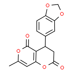 ChemSpider 2D Image | 4-(1,3-Benzodioxol-5-yl)-7-methyl-3,4-dihydro-2H,5H-pyrano[4,3-b]pyran-2,5-dione | C16H12O6