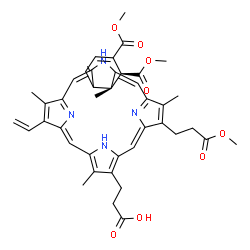 ChemSpider 2D Image | 3-[(1E,6Z,12Z,23S,24R)-22,23-Bis(methoxycarbonyl)-5-(3-methoxy-3-oxopropyl)-4,10,15,24-tetramethyl-14-vinyl-25,26,27,28-tetraazahexacyclo[16.6.1.1~3,6~.1~8,11~.1~13,16~.0~19,24~]octacosa-1,3(28),4,6,8
,10,12,14,16(26),17,19,21-dodecaen-9-yl]propanoic acid | C41H42N4O8