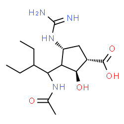 ChemSpider 2D Image | (1S,2S,4R)-3-(1-Acetamido-2-ethylbutyl)-4-carbamimidamido-2-hydroxycyclopentanecarboxylic acid | C15H28N4O4