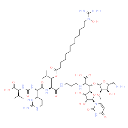 ChemSpider 2D Image | (2S,6S,9S,16S)-16-{(S)-{[(2S,3R,4R,5R)-5-(Aminomethyl)-4-hydroxy-3-methoxytetrahydro-2-furanyl]oxy}[(2S,3S,4R,5R)-5-(2,4-dioxo-3,4-dihydro-1(2H)-pyrimidinyl)-3,4-dihydroxytetrahydro-2-furanyl]methyl}-
9-[(1S)-1-{[13-(N-hydroxycarbamimidamido)tridecanoyl]oxy}-2-methylpropyl]-6-[(4S)-2-iminohexahydro-4-pyrimidinyl]-2-isopropyl-4,7,10-trioxo-3,5,8,11,15-pentaazaheptadecane-1,17-dioic acid (non-preferr
ed name) | C52H90N14O19