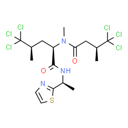 ChemSpider 2D Image | (4R)-5,5,5-Trichloro-N~2~-methyl-N-[(1S)-1-(1,3-thiazol-2-yl)ethyl]-N~2~-[(3S)-4,4,4-trichloro-3-methylbutanoyl]-D-leucinamide | C17H23Cl6N3O2S