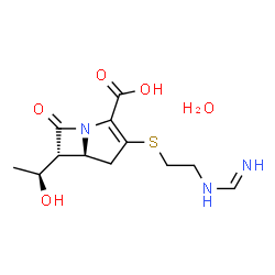 ChemSpider 2D Image | (5S,6R)-6-[(1S)-1-Hydroxyethyl]-3-({2-[(iminomethyl)amino]ethyl}sulfanyl)-7-oxo-1-azabicyclo[3.2.0]hept-2-ene-2-carboxylic acid hydrate (1:1) | C12H19N3O5S