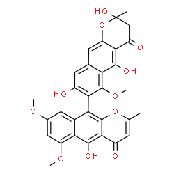 ChemSpider 2D Image | 2,5,5',8-Tetrahydroxy-6,6',8'-trimethoxy-2,2'-dimethyl-2,3-dihydro-4H,4'H-7,10'-bibenzo[g]chromene-4,4'-dione | C31H26O11