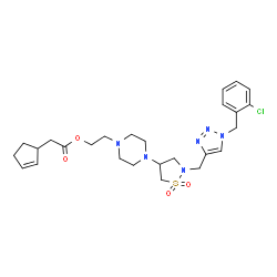 ChemSpider 2D Image | 2-[4-(2-{[1-(2-Chlorobenzyl)-1H-1,2,3-triazol-4-yl]methyl}-1,1-dioxido-1,2-thiazolidin-4-yl)-1-piperazinyl]ethyl 2-cyclopenten-1-ylacetate | C26H35ClN6O4S