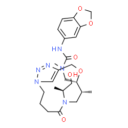 ChemSpider 2D Image | 3-(1,3-benzodioxol-5-yl)-1-[[(8R,9R)-6-[(2S)-1-hydroxypropan-2-yl]-8-methyl-5-oxo-10-oxa-1,6,13,14-tetrazabicyclo[10.2.1]pentadeca-12(15),13-dien-9-yl]methyl]-1-methylurea | C24H34N6O6