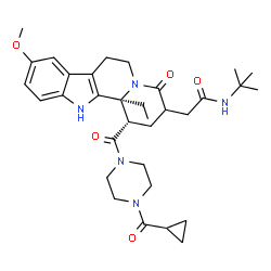 ChemSpider 2D Image | 2-[(1S,12bS)-1-{[4-(Cyclopropylcarbonyl)-1-piperazinyl]carbonyl}-12b-ethyl-9-methoxy-4-oxo-1,2,3,4,6,7,12,12b-octahydroindolo[2,3-a]quinolizin-3-yl]-N-(2-methyl-2-propanyl)acetamide | C33H45N5O5