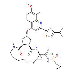 ChemSpider 2D Image | (2R,3aR,10Z,11aR,12aS,14aR)-N-(Cyclopropylsulfonyl)-2-{[2-(4-isopropyl-1,3-thiazol-2-yl)-7-methoxy-8-methyl-4-quinolinyl]oxy}-5-methyl-4,14-dioxo-2,3,3a,4,5,6,7,8,9,11a,12,13,14,14a-tetradecahydrocycl
openta[c]cyclopropa[g][1,6]diazacyclotetradecine-12a(1H)-carboxamide | C38H47N5O7S2