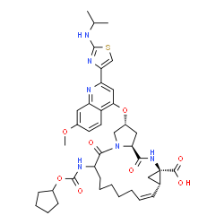 ChemSpider 2D Image | (2R,12Z,13aS,14aR,16aS)-6-{[(Cyclopentyloxy)carbonyl]amino}-2-({2-[2-(isopropylamino)-1,3-thiazol-4-yl]-7-methoxy-4-quinolinyl}oxy)-5,16-dioxo-1,2,3,6,7,8,9,10,11,13a,14,15,16,16a-tetradecahydrocyclop
ropa[e]pyrrolo[1,2-a][1,4]diazacyclopentadecine-14a(5H)-carboxylic acid | C40H50N6O8S