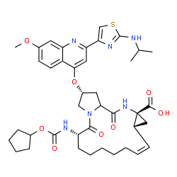 ChemSpider 2D Image | (2R,6S,12Z,13aR,14aR)-6-{[(Cyclopentyloxy)carbonyl]amino}-2-({2-[2-(isopropylamino)-1,3-thiazol-4-yl]-7-methoxy-4-quinolinyl}oxy)-5,16-dioxo-1,2,3,6,7,8,9,10,11,13a,14,15,16,16a-tetradecahydrocyclopro
pa[e]pyrrolo[1,2-a][1,4]diazacyclopentadecine-14a(5H)-carboxylic acid | C40H50N6O8S
