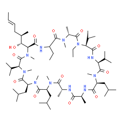 ChemSpider 2D Image | (3S,6S,9S,12R,15S,18S,21S,24S,27R,33S)-25,30-Diethyl-33-[(1R,2R,4E)-1-hydroxy-2-methyl-4-hexen-1-yl]-6,9,18-triisobutyl-3,21,24-triisopropyl-1,4,7,10,12,15,19,27,28-nonamethyl-1,4,7,10,13,16,19,22,25,
28,31-undecaazacyclotritriacontane-2,5,8,11,14,17,20,23,26,29,32-undecone | C63H113N11O12
