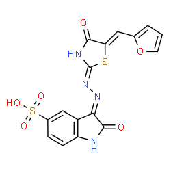 ChemSpider 2D Image | (3E)-3-{(2Z)-[(5Z)-5-(2-Furylmethylene)-4-oxo-1,3-thiazolidin-2-ylidene]hydrazono}-2-oxo-5-indolinesulfonic acid | C16H10N4O6S2