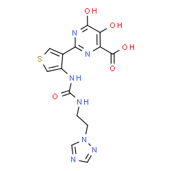 ChemSpider 2D Image | 5,6-Dihydroxy-2-[4-({[2-(1H-1,2,4-triazol-1-yl)ethyl]carbamoyl}amino)-3-thienyl]-4-pyrimidinecarboxylic acid | C14H13N7O5S