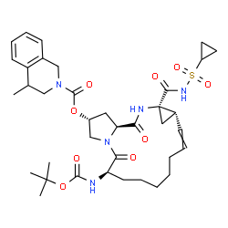 ChemSpider 2D Image | (2R,6R,13aS,14aR,16aS)-14a-[(Cyclopropylsulfonyl)carbamoyl]-6-({[(2-methyl-2-propanyl)oxy]carbonyl}amino)-5,16-dioxo-1,2,3,5,6,7,8,9,10,11,13a,14,14a,15,16,16a-hexadecahydrocyclopropa[e]pyrrolo[1,2-a]
[1,4]diazacyclopentadecin-2-yl 4-methyl-3,4-dihydro-2(1H)-isoquinolinecarboxylate | C37H51N5O9S